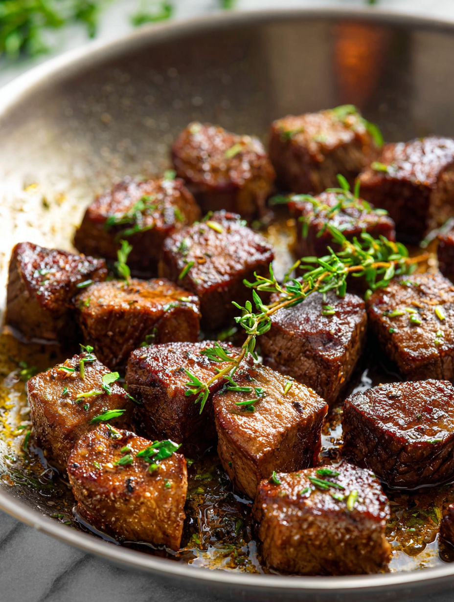 Bouchées de steak dans une poêle.