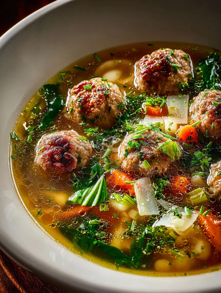 Un bol de soupe avec boulettes et légumes.