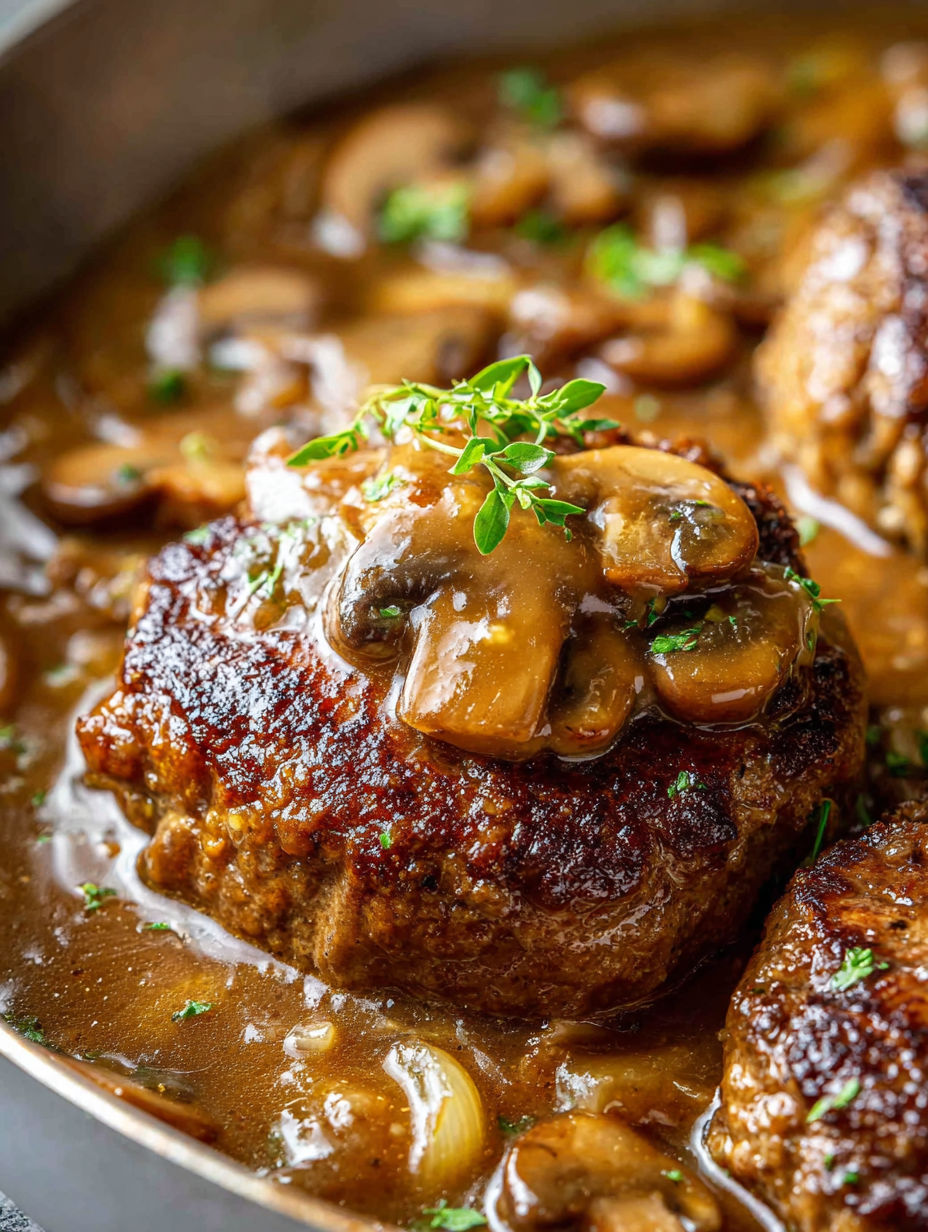Gros plan sur un morceau de viande recouvert de champignons.