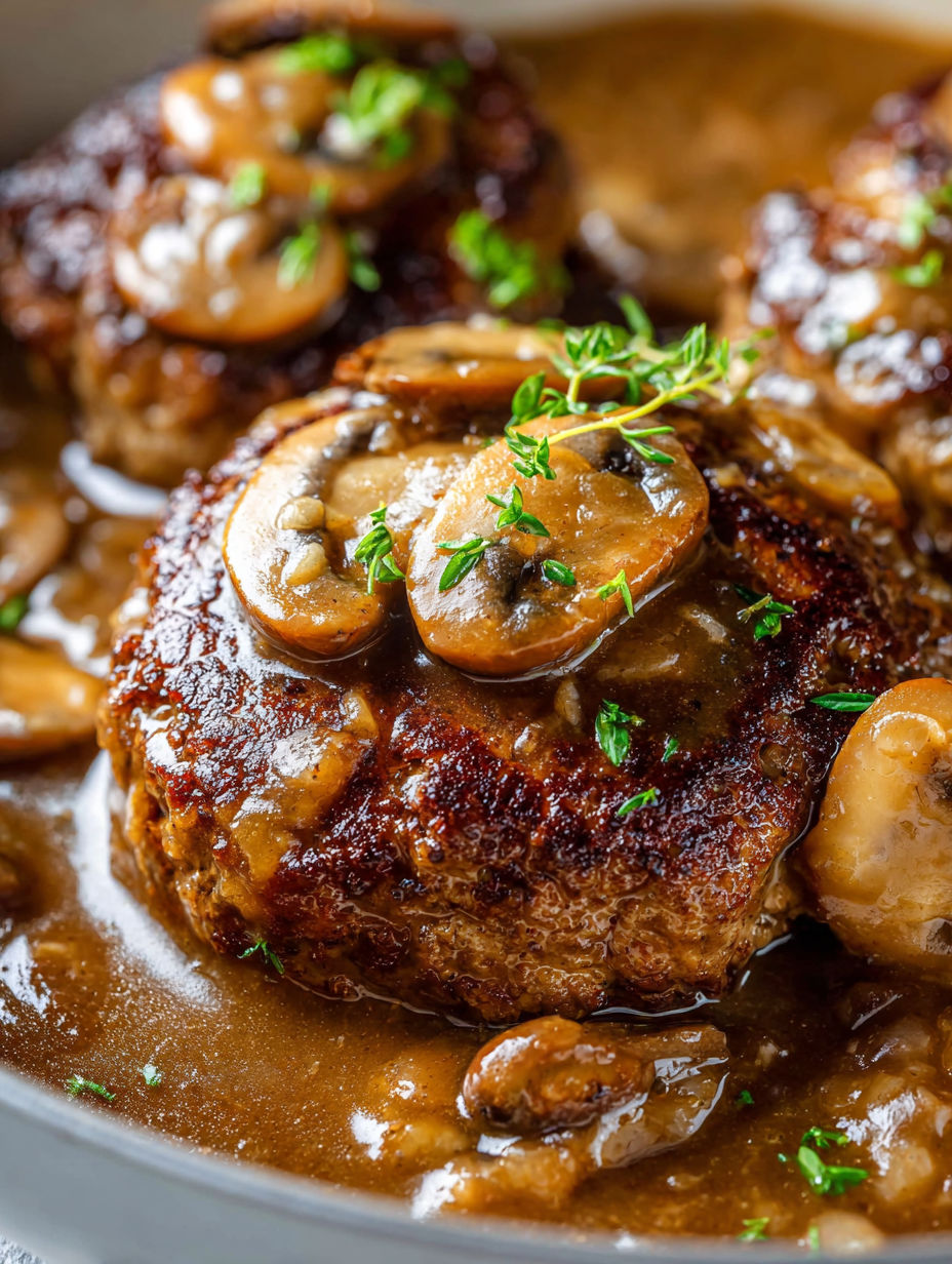 Un morceau de viande recouvert de champignons.