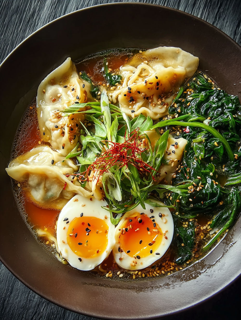 Un bol de ramen aux raviolis savoureux.