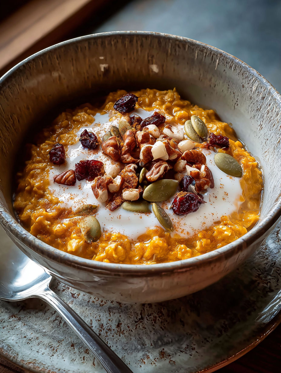 Un bol de porridge à la citrouille épicé et chaud.