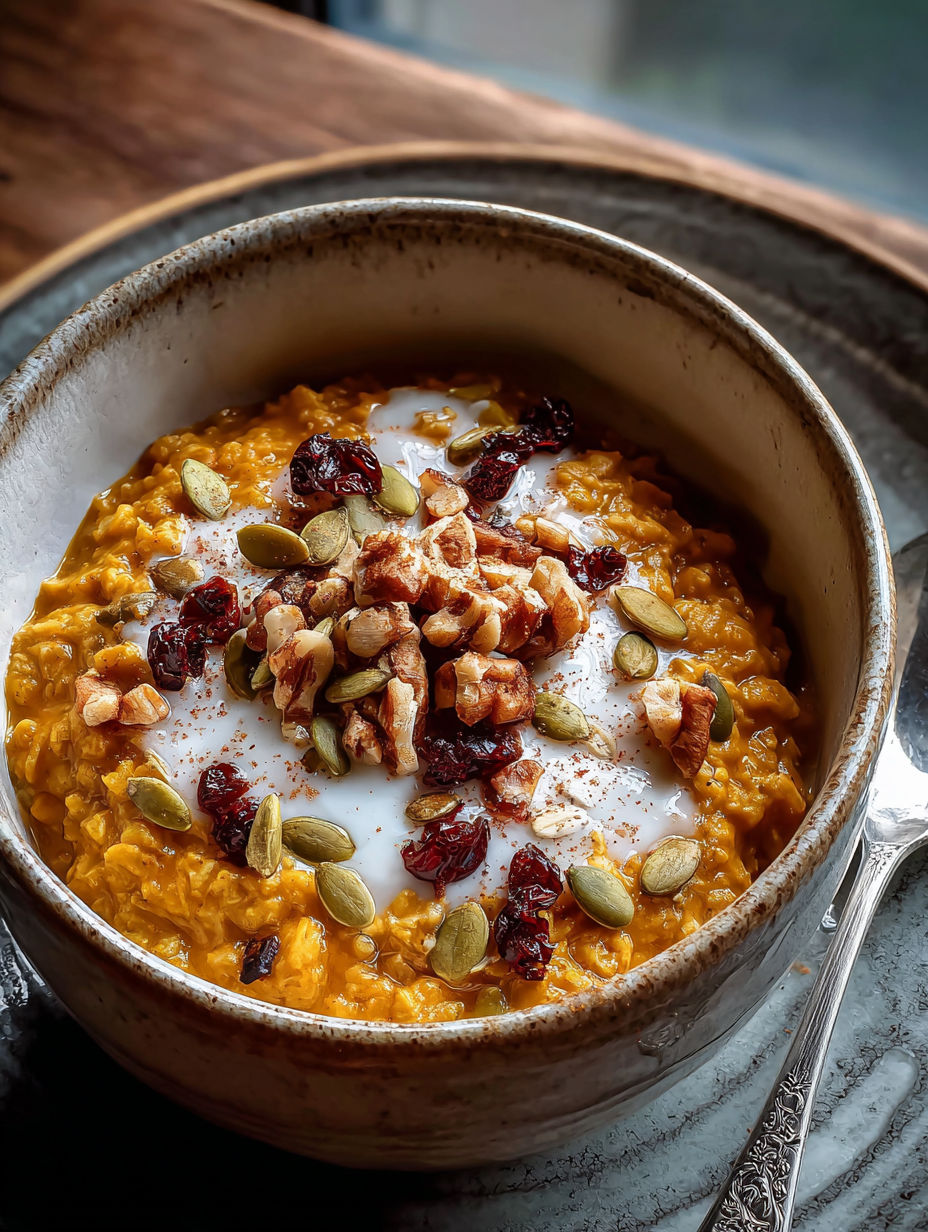 Un bol de porridge chaud avec épices et citrouille.