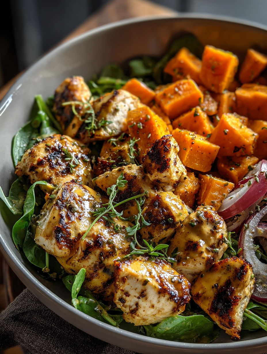 Un bol avec poulet, patates douces et légumes verts.