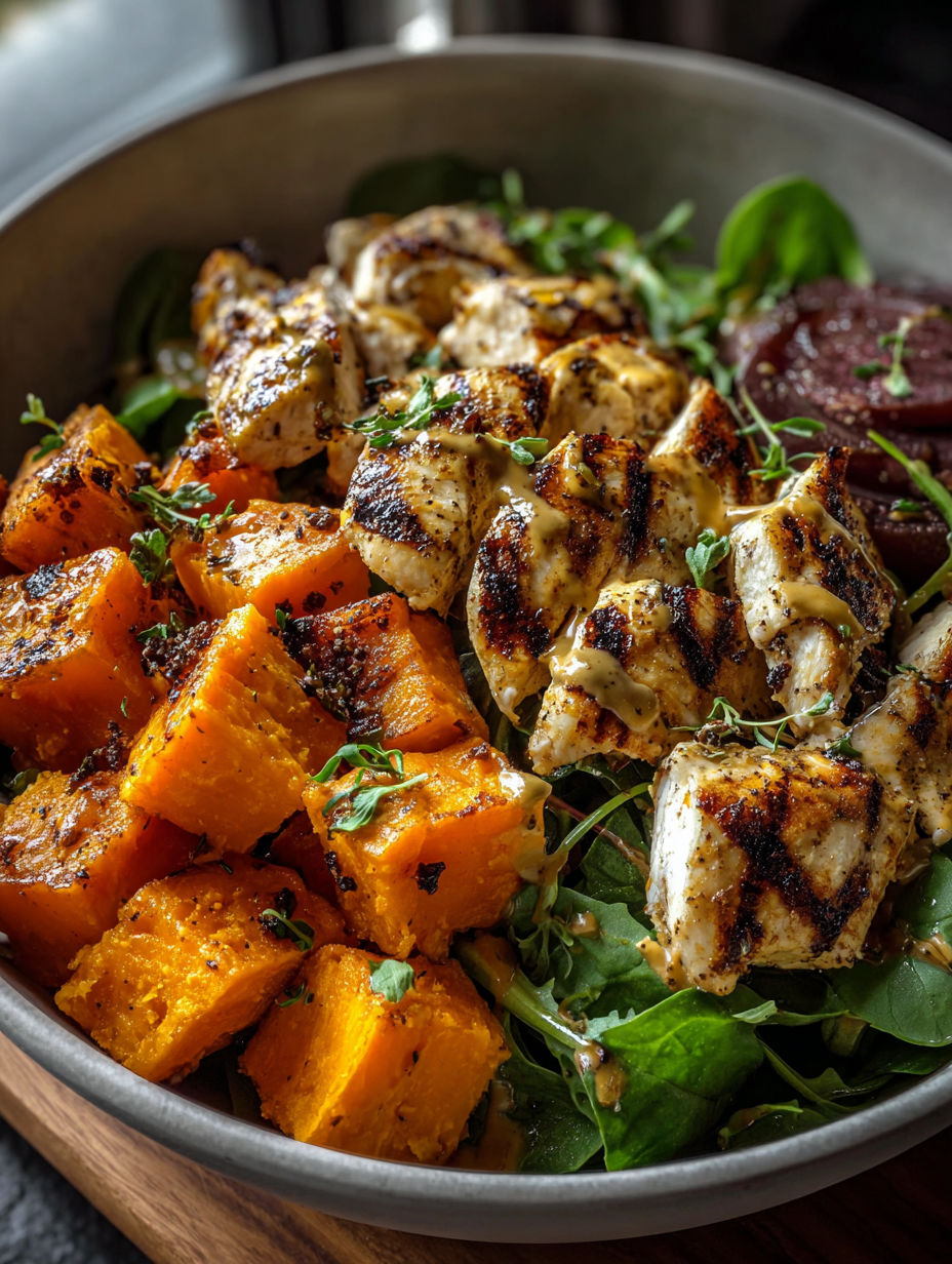 Un bol avec poulet, patates douces et légumes verts.