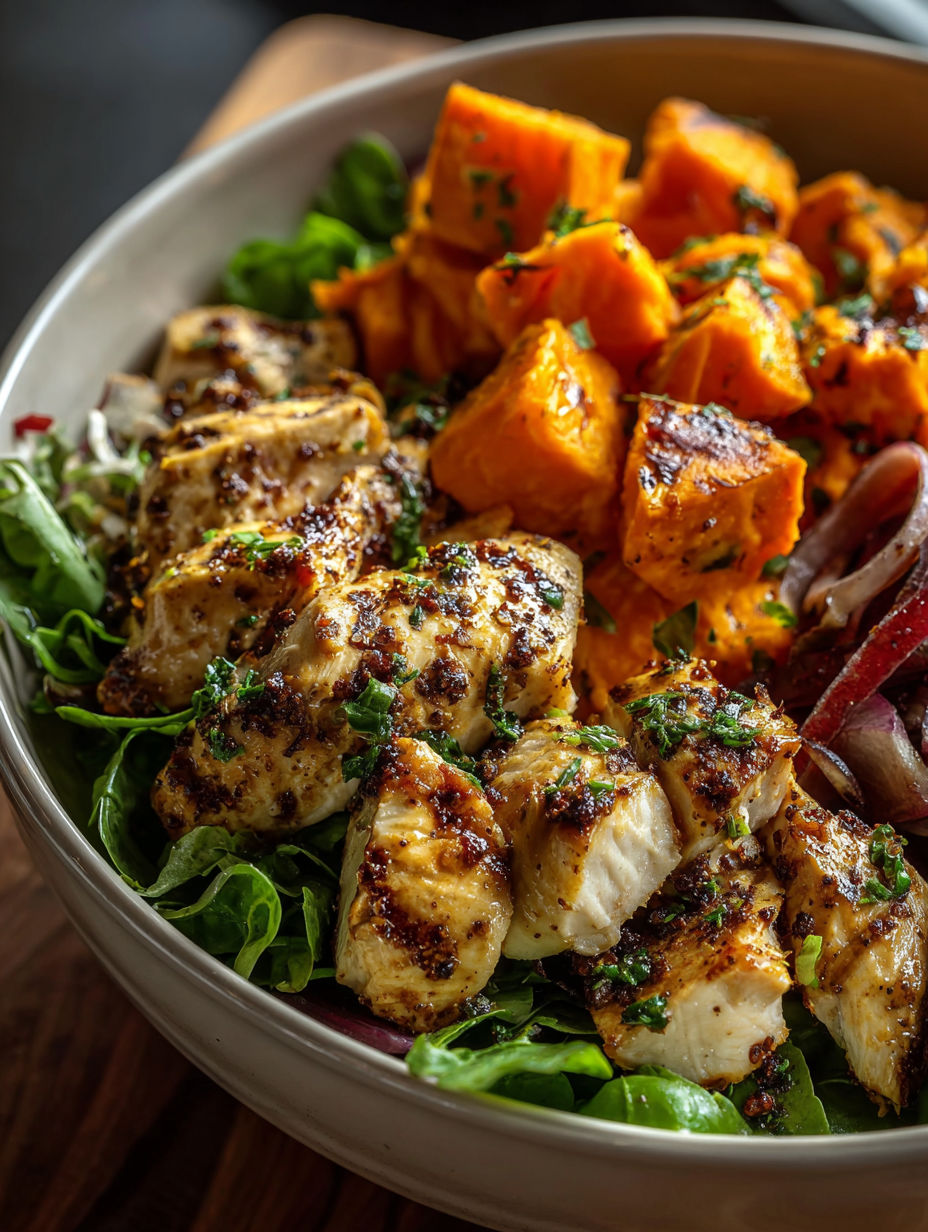 Un bol avec poulet et patates douces.