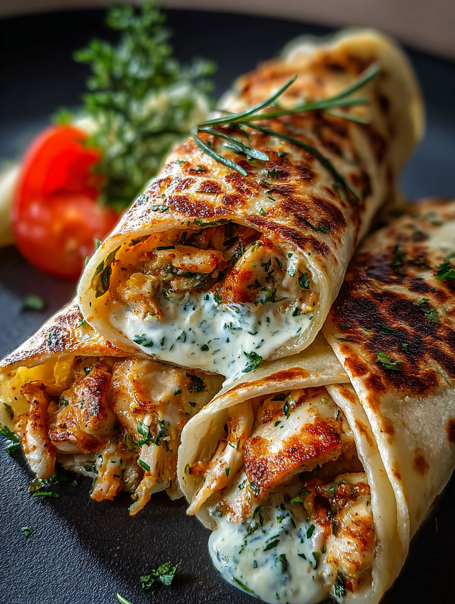 Une assiette de wraps poulet ail et fromage.