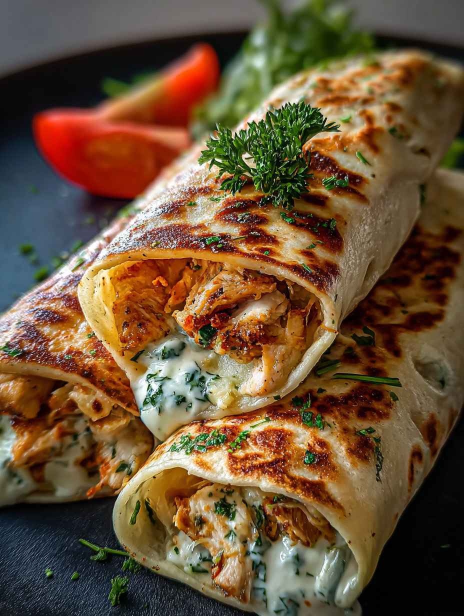 Un wrap au poulet et fromage avec de l’ail.
