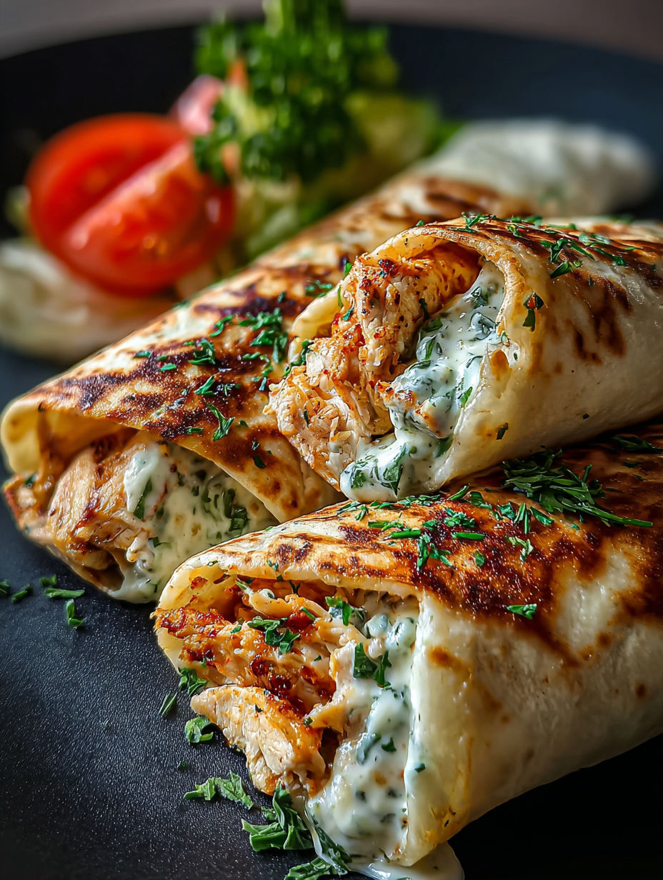 Deux wraps au poulet et fromage à l’ail sur une assiette.
