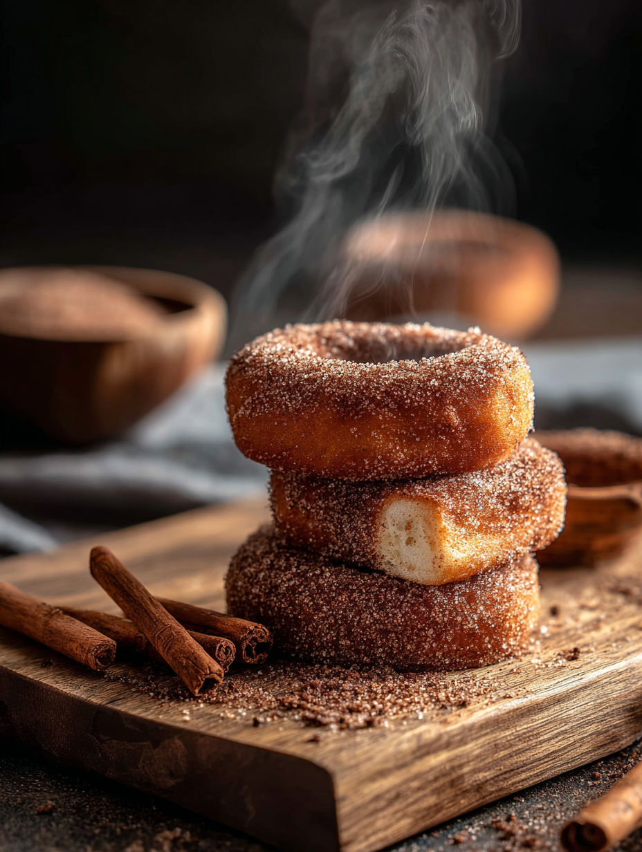 Une pile de beignets à la cannelle avec un ember cannelle dessus.