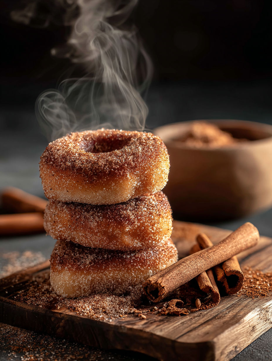 Une pile de beignets à la cannelle avec de la fumée qui s'en échappe.
