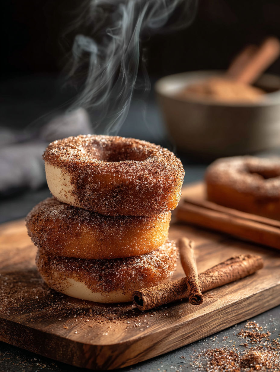 Une pile de beignets à la cannelle avec un bol plein de petites douceurs à la cannelle.