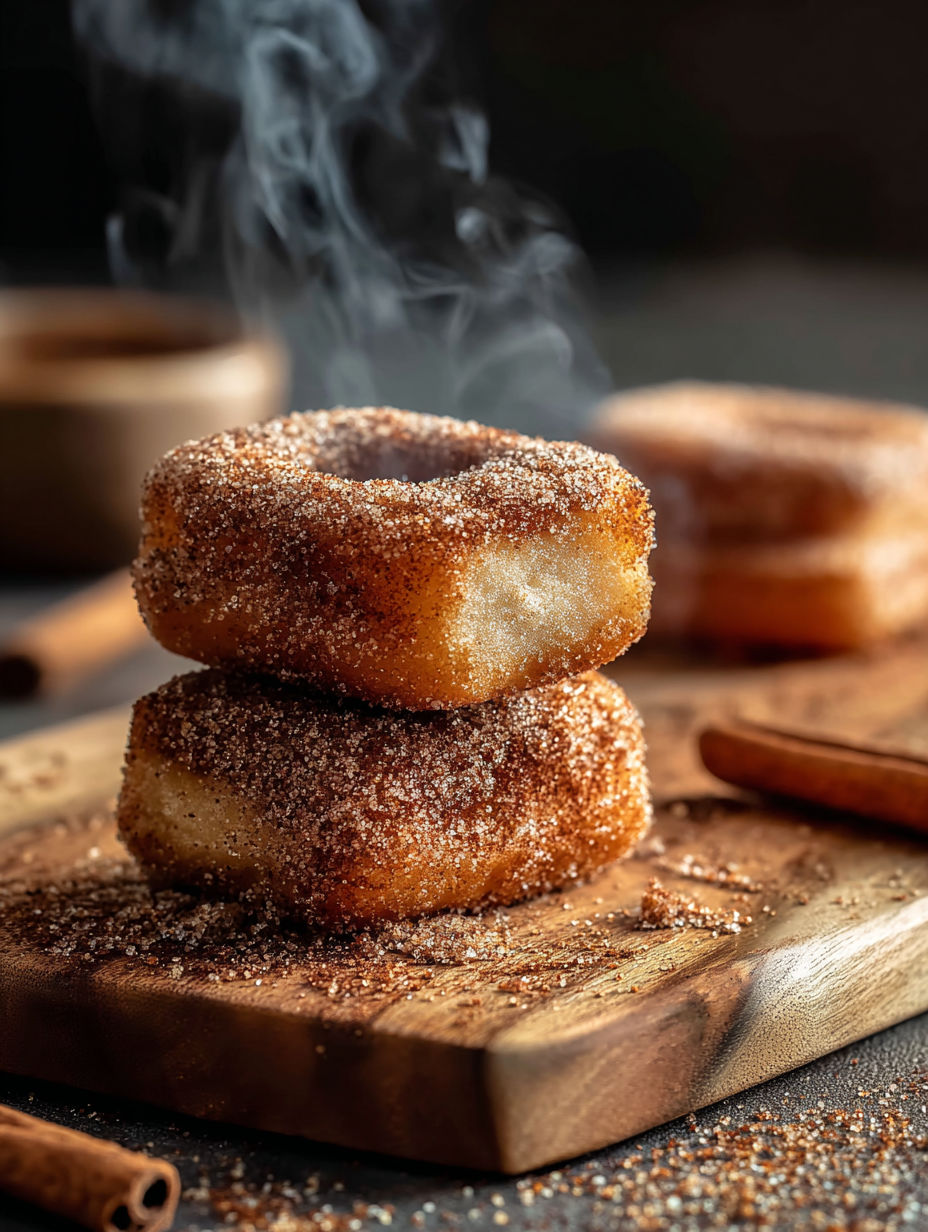 Une pile de beignets à la cannelle sur une planche en bois.