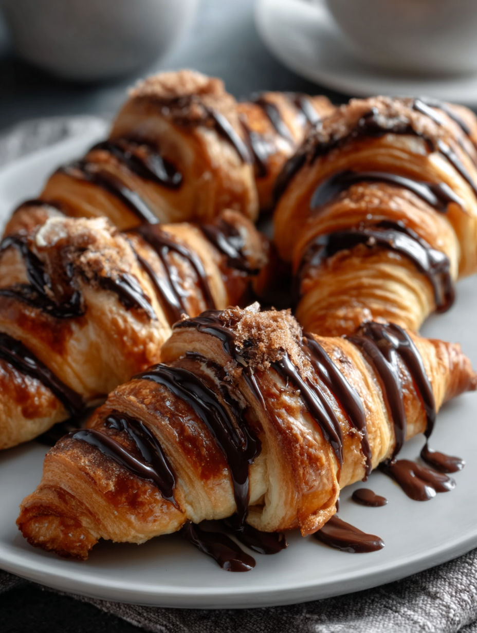 Croissants nappés de chocolat sur une assiette.