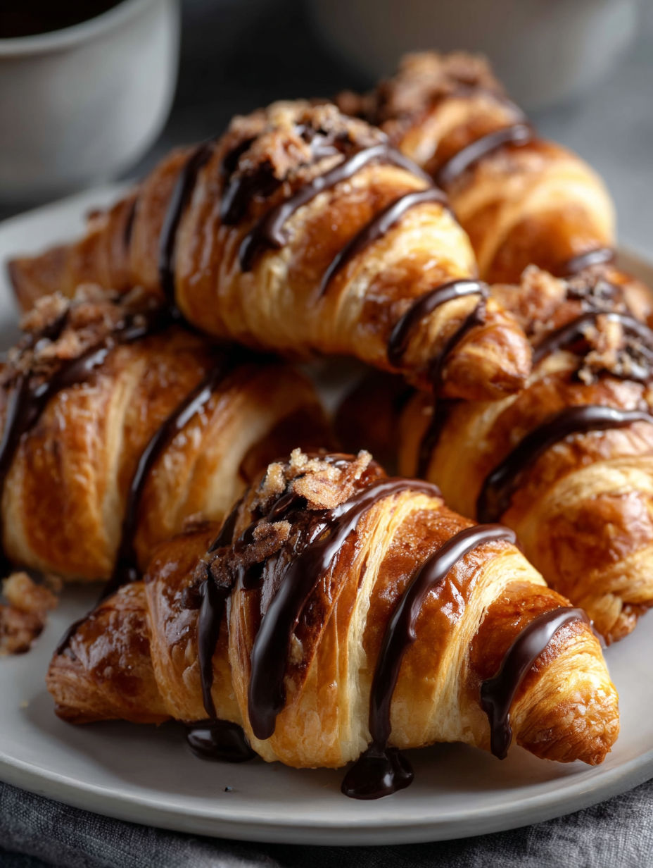 Croissants nappés de chocolat sur une assiette.