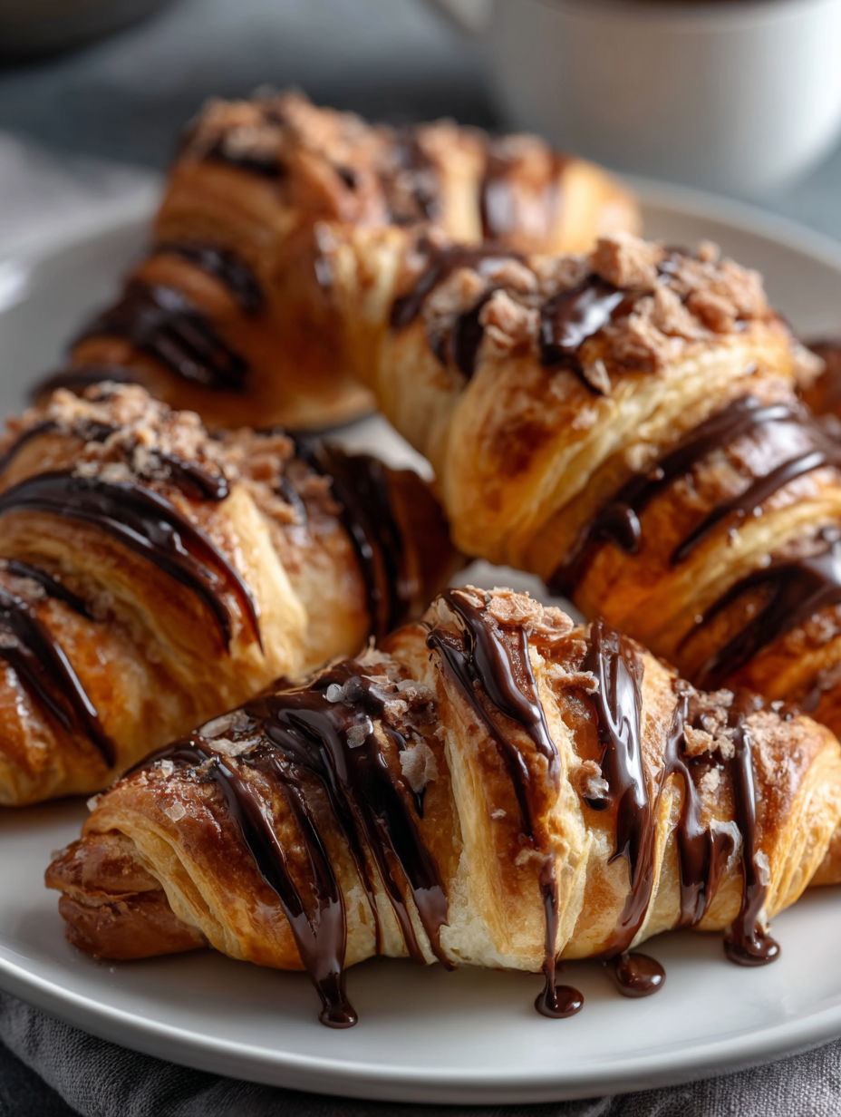 Croissants nappés de chocolat sur une assiette.
