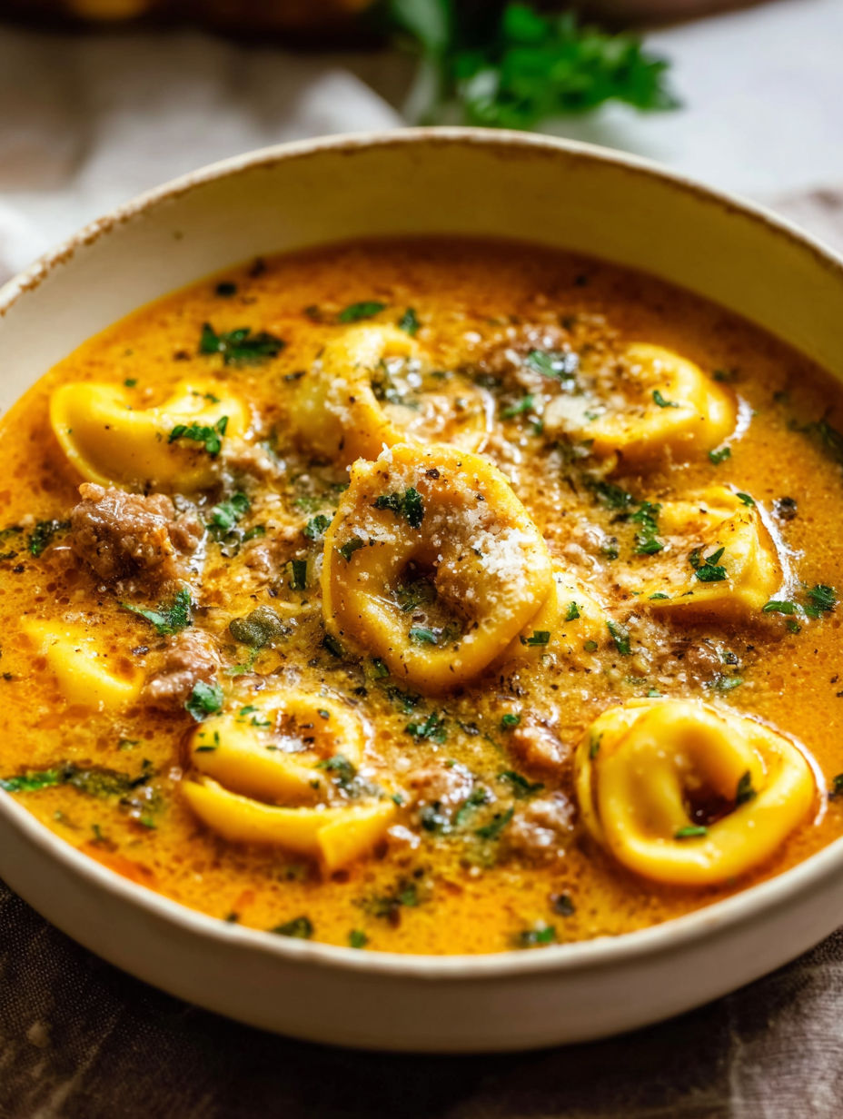 Un bol de soupe avec des pâtes et de la viande.
