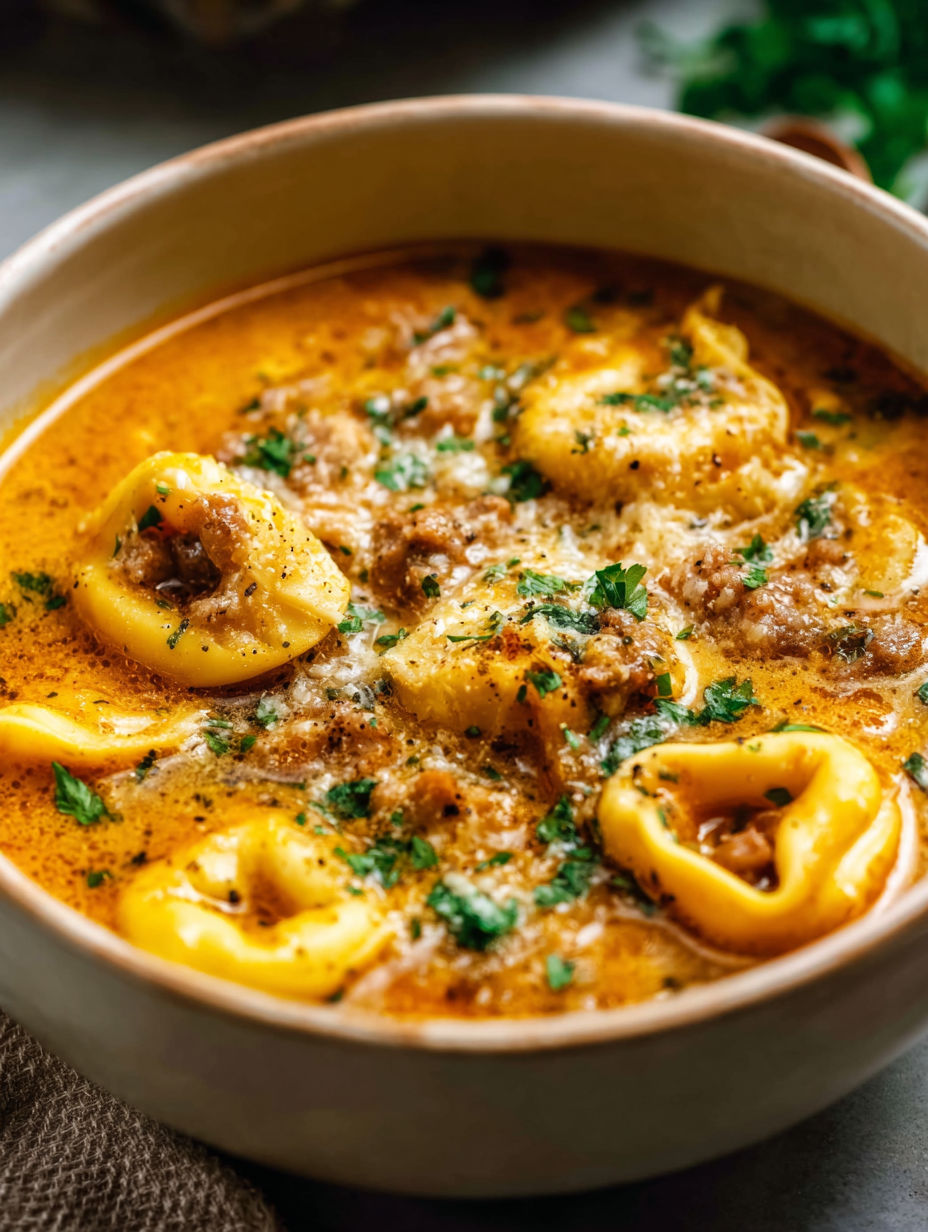 Un bol de soupe avec des pâtes et de la viande.