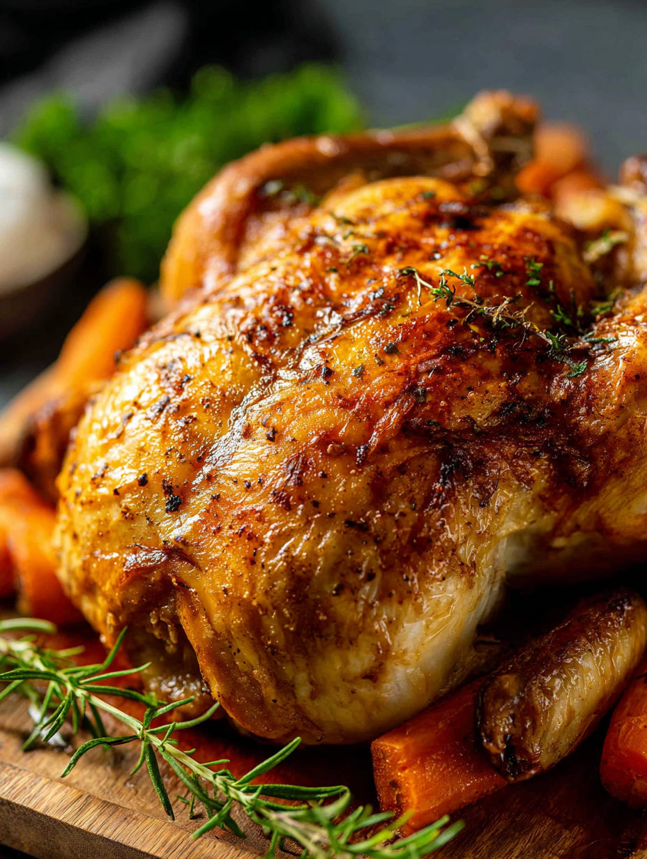 Un poulet rôti avec des herbes et épices.