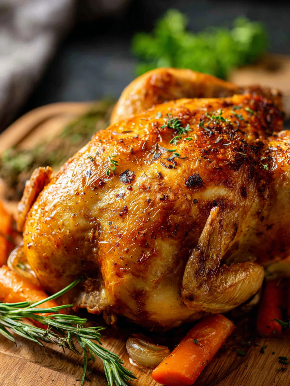 Un poulet rôti avec des herbes et épices.