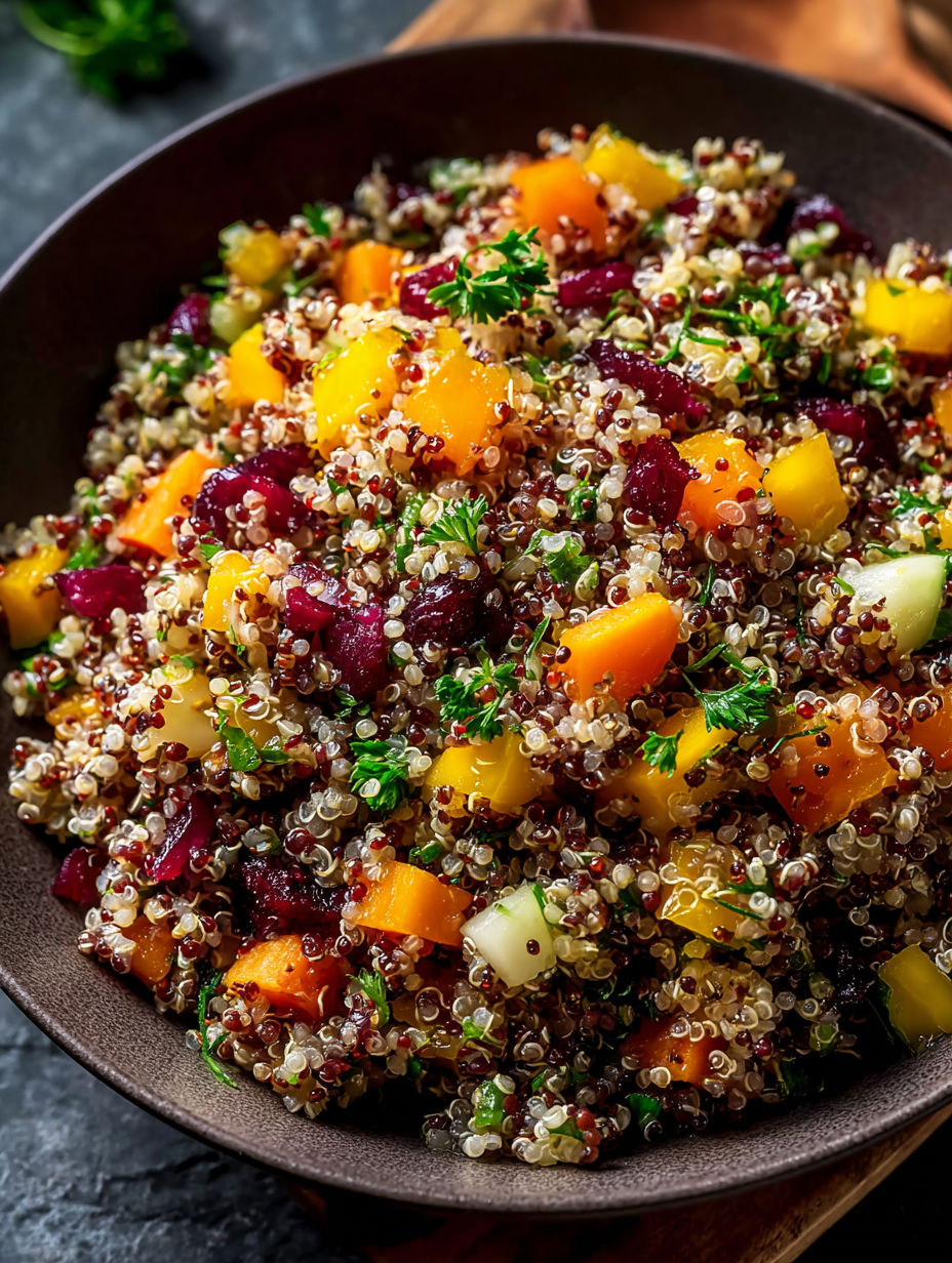 Un bol de salade de quinoa avec plusieurs fruits et légumes.