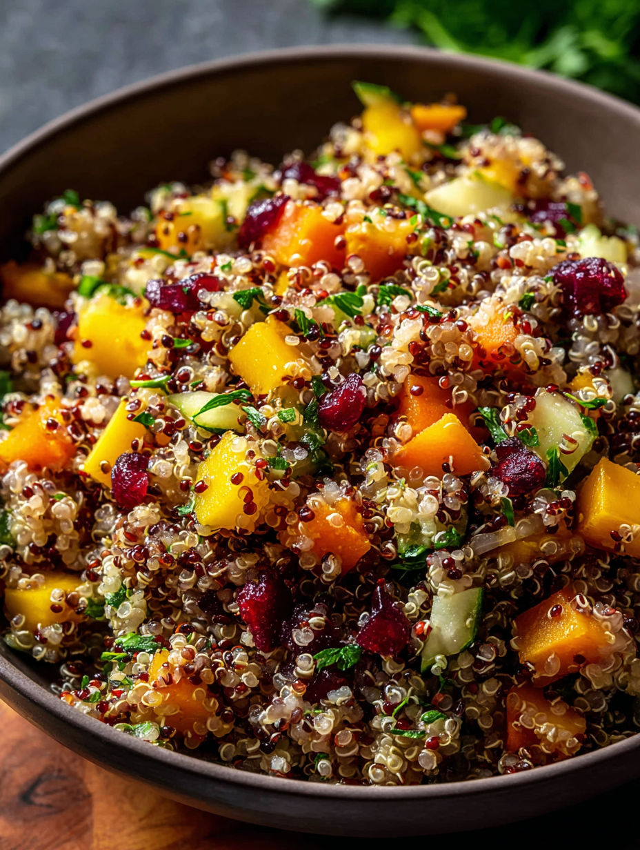 Un bol de salade de quinoa avec différents fruits et légumes.