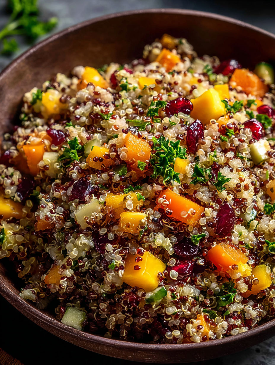 Un bol de salade de quinoa avec différents fruits et légumes.
