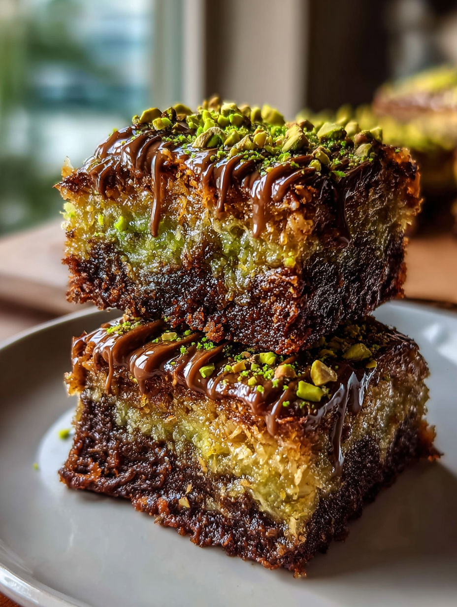 Une part de brownies au kunafa et pistache.