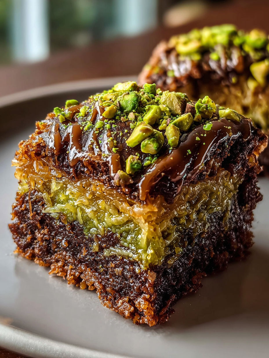 Une part de brownies kunafa pistache nappée de caramel.