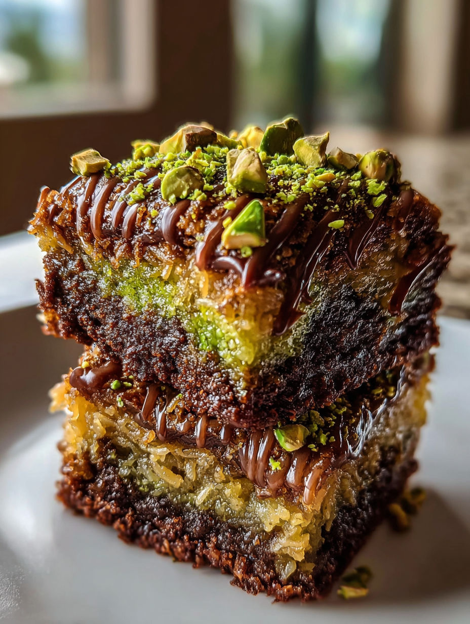 Une part de brownies kunafa pistache.