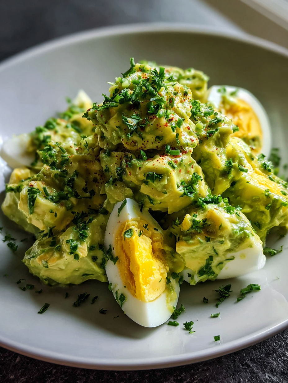 Une assiette de salade crémeuse avocat œuf.