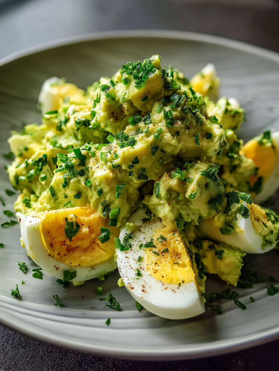 Une assiette de salade œufs avocat bien crémeuse.