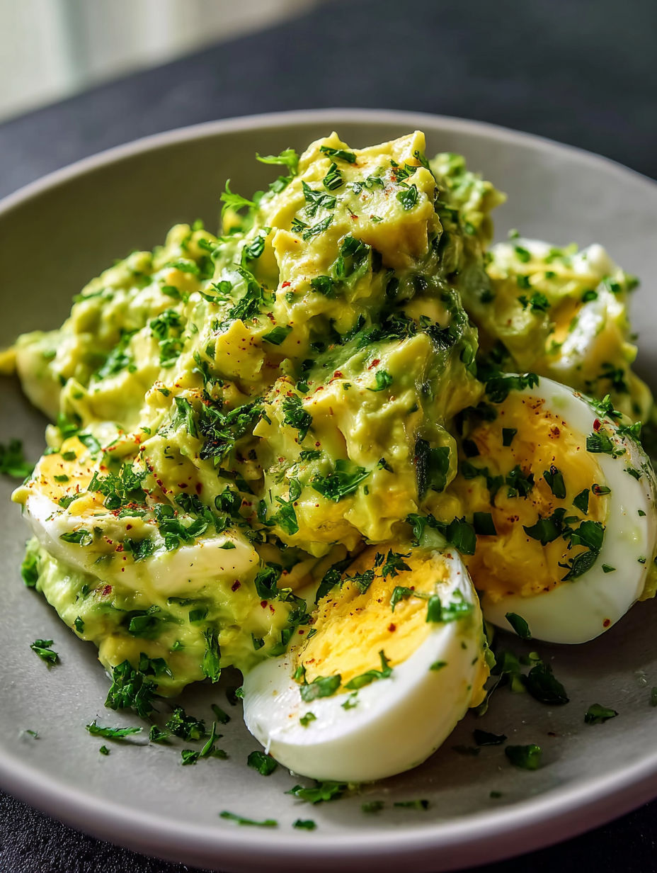 Une assiette de salade œufs avocat bien crémeuse.
