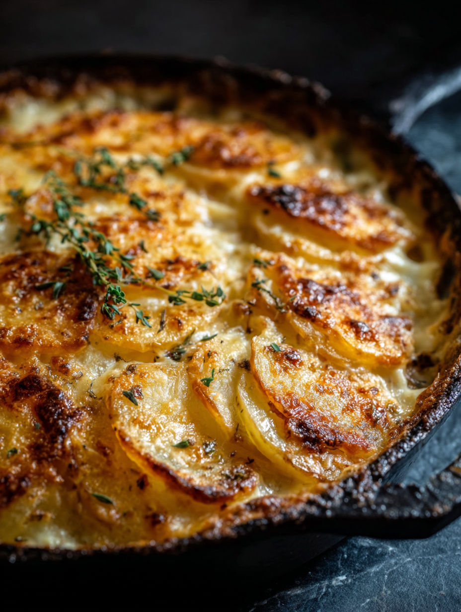 Un gratin de pommes de terre avec du fromage et des herbes.