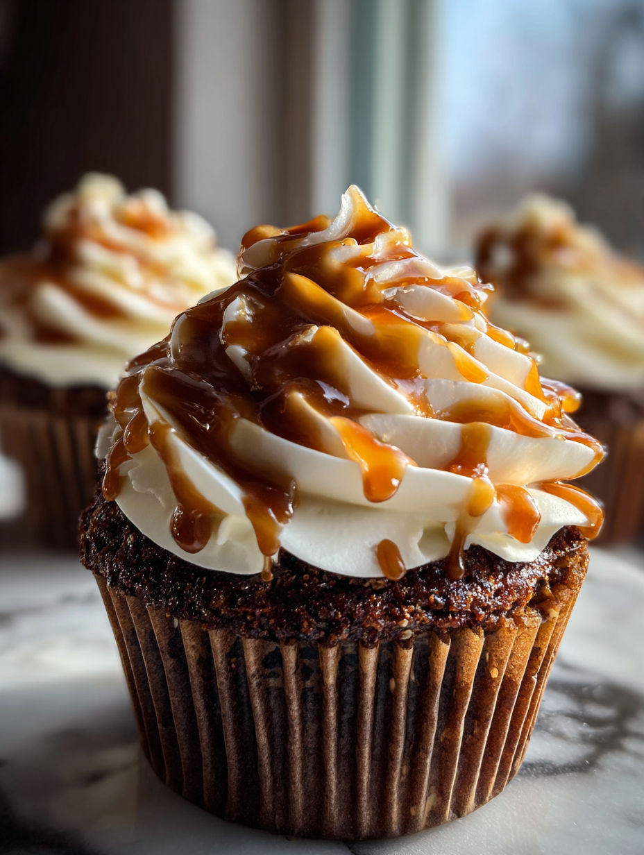 Un cupcake nappé de caramel et chantilly.