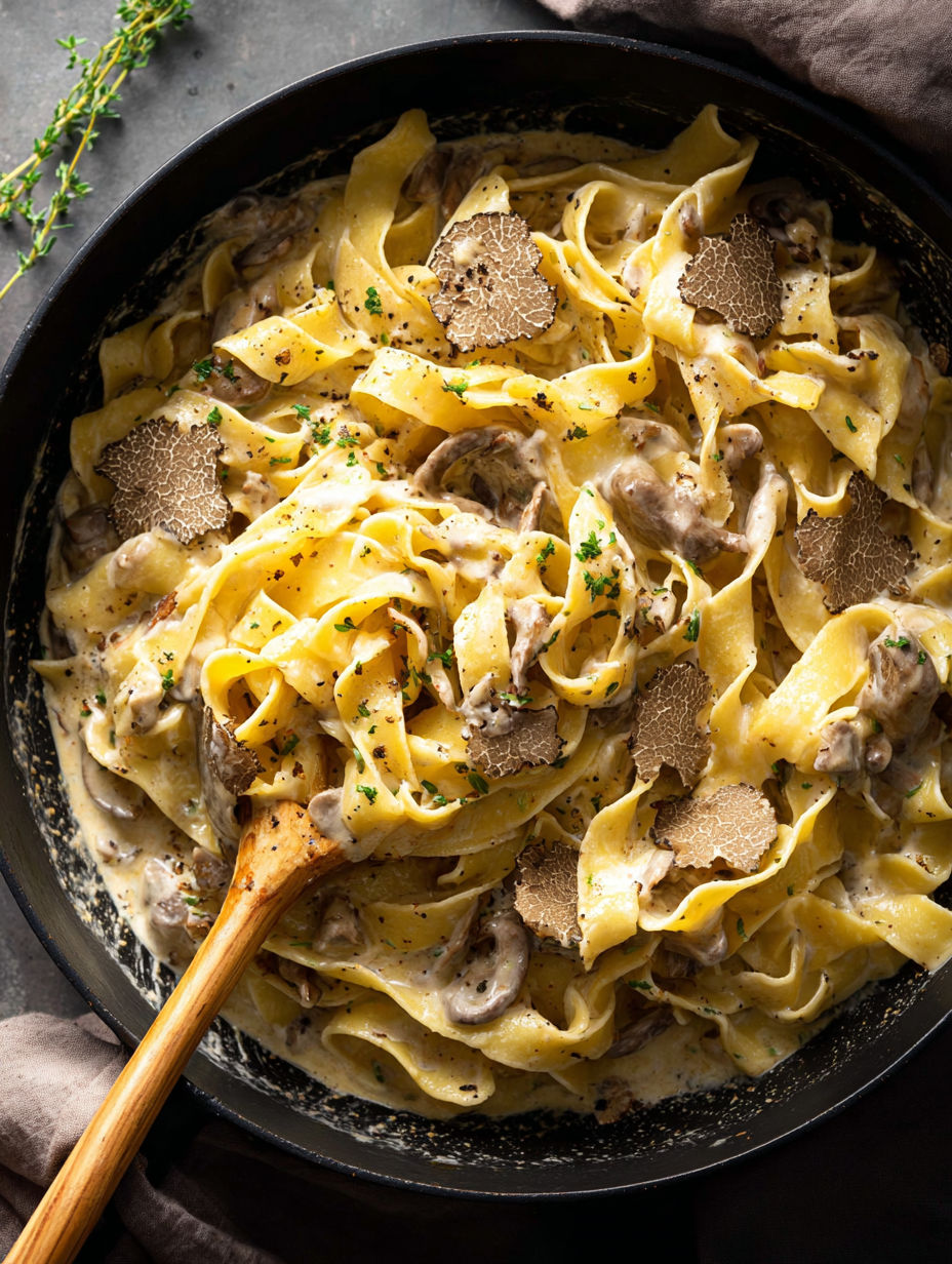 Une assiette de pâtes aux champignons et huile de truffe.