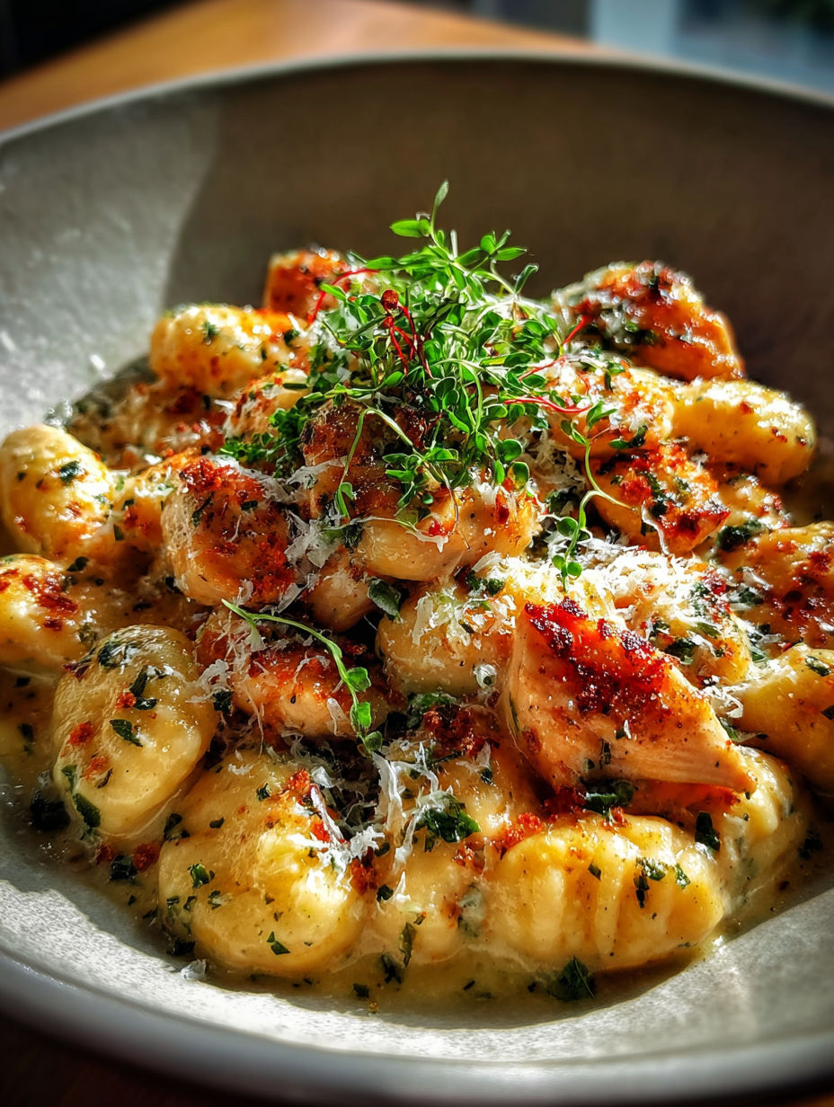 Un bol de gnocchis poulet asiago.