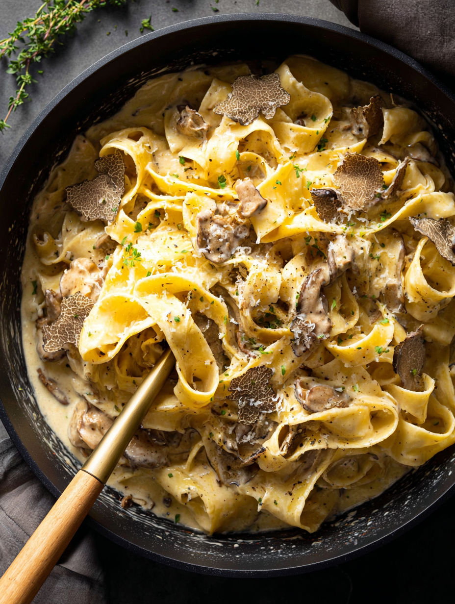 Une assiette de pâtes aux champignons et huile de truffe.