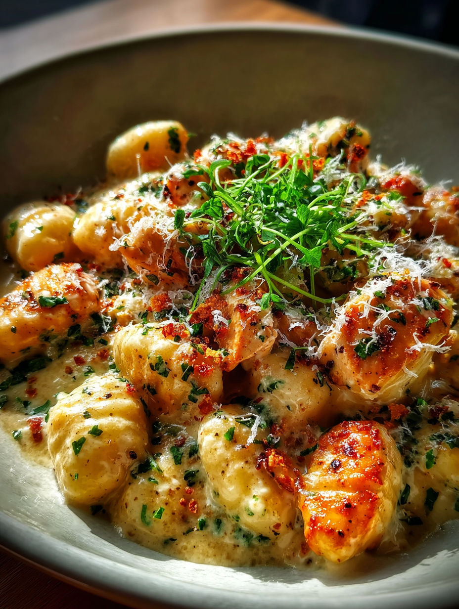 Un bol de gnocchis asiago au poulet.