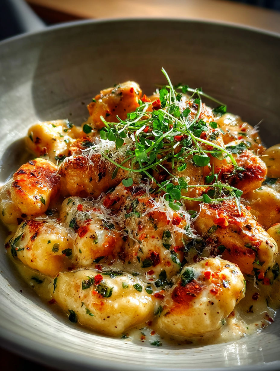 Un bol de gnocchis asiago au poulet.