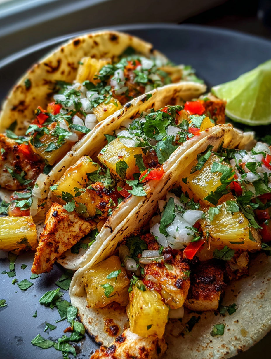 Un plat de tacos au poulet et ananas.
