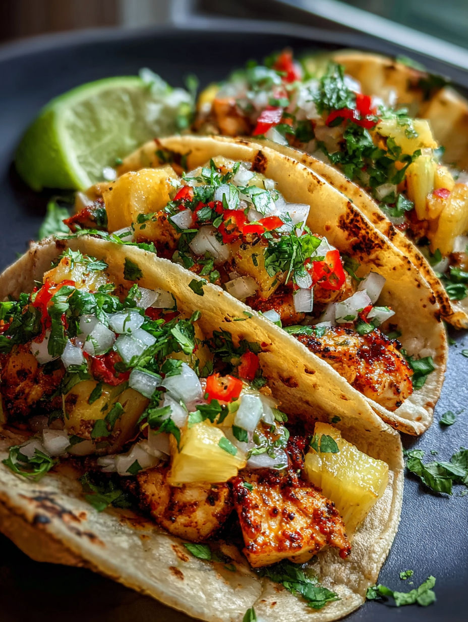 Un plat avec poulet, ananas et oignons.