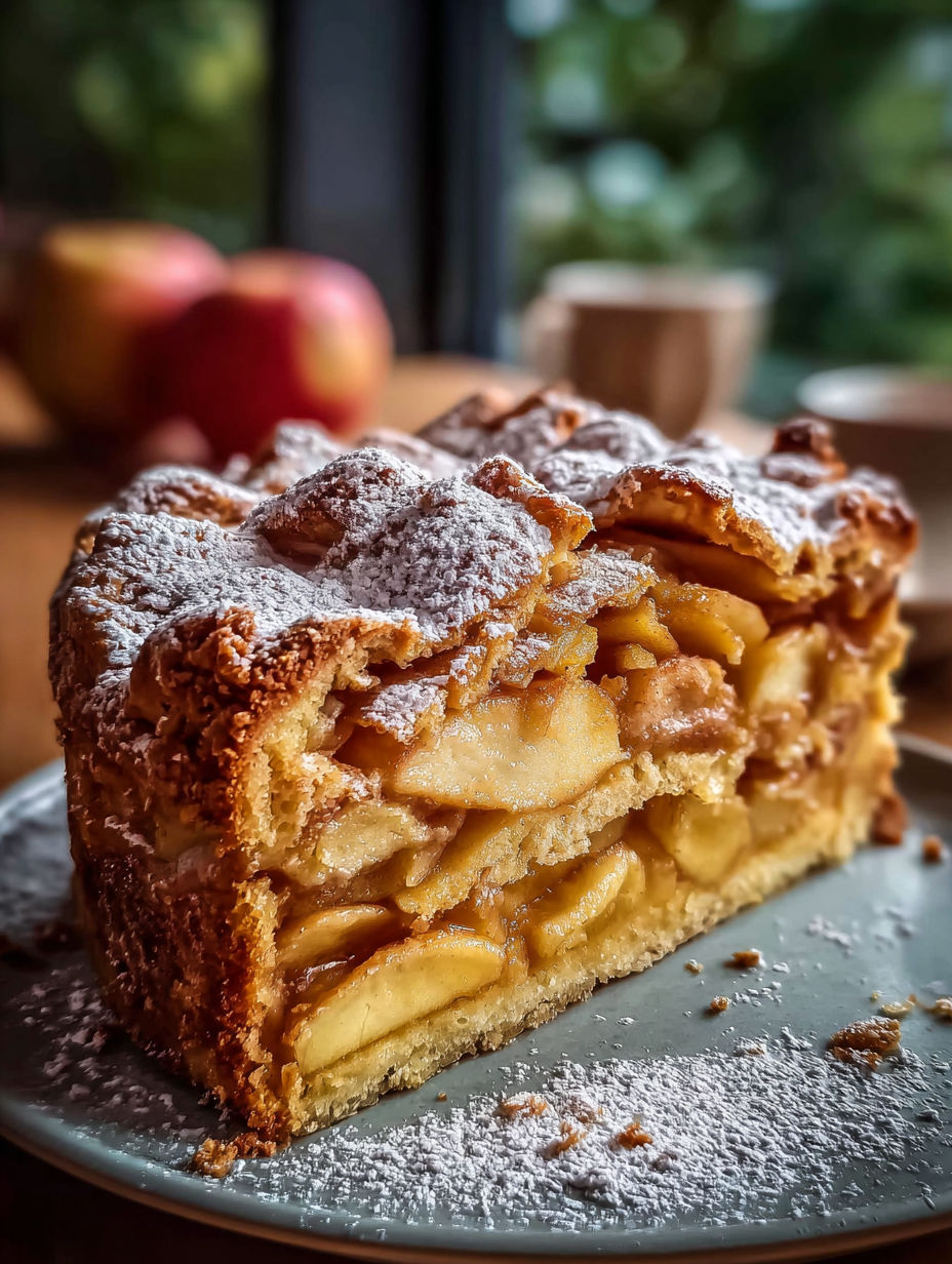 Une part de gâteau aux pommes saupoudrée de sucre glace.