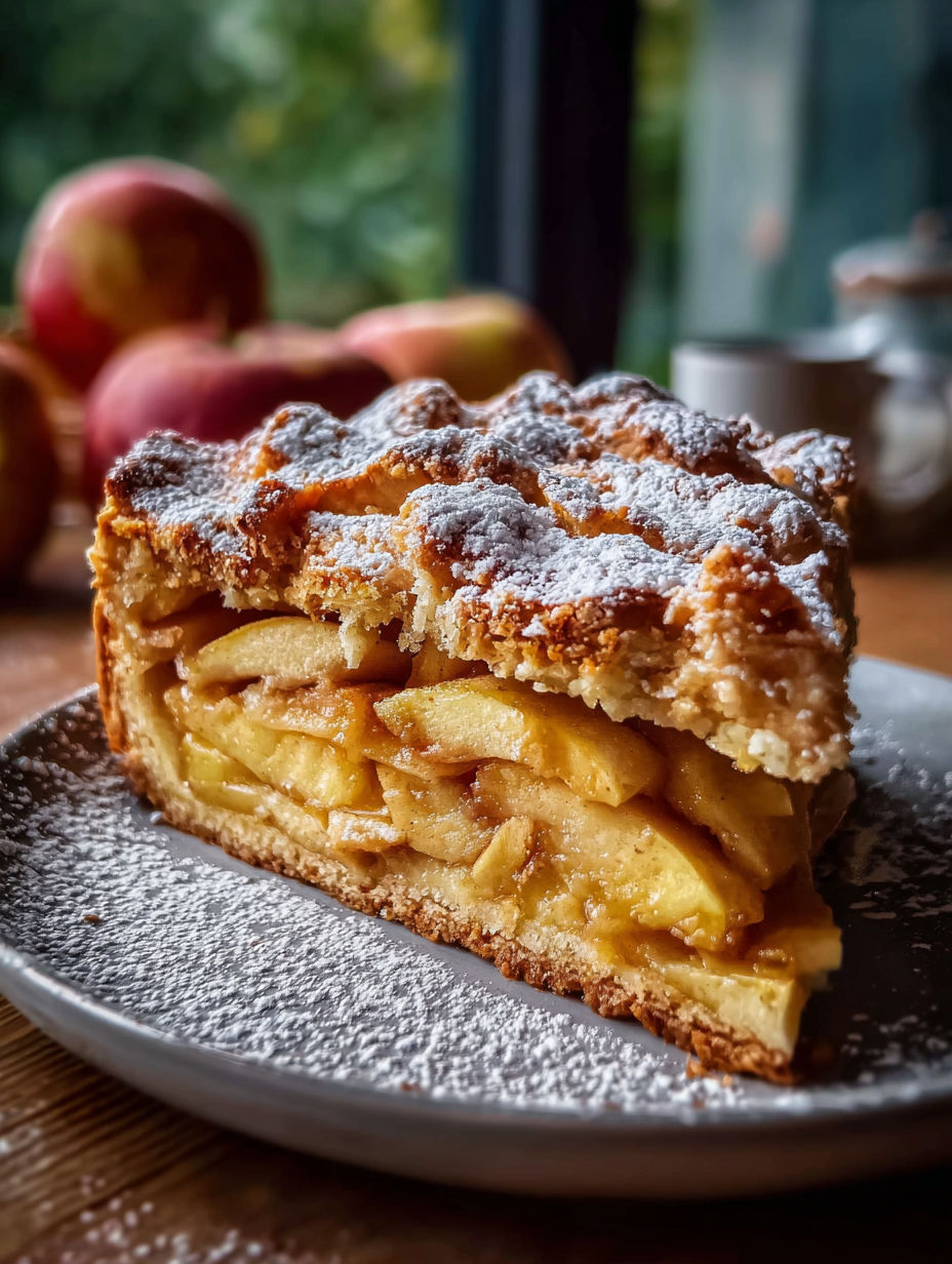 Une part de gâteau aux pommes sur une assiette.