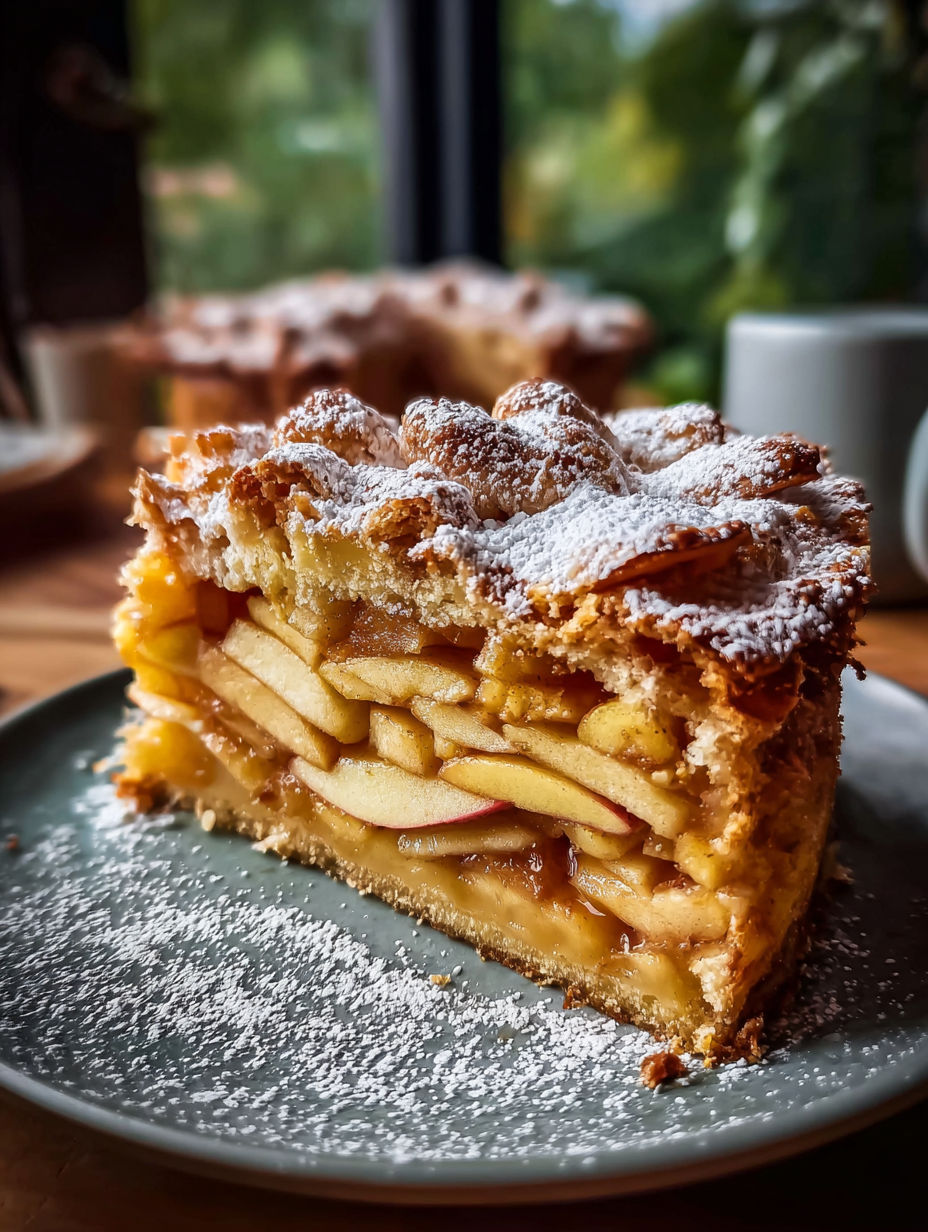 Une part de tarte aux pommes avec du sucre dessus.