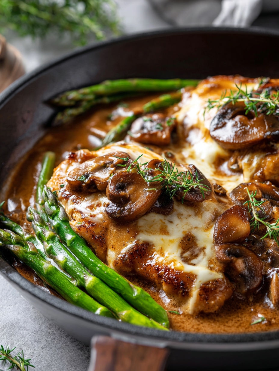 Un plat de poulet Madeira avec des champignons et des asperges.