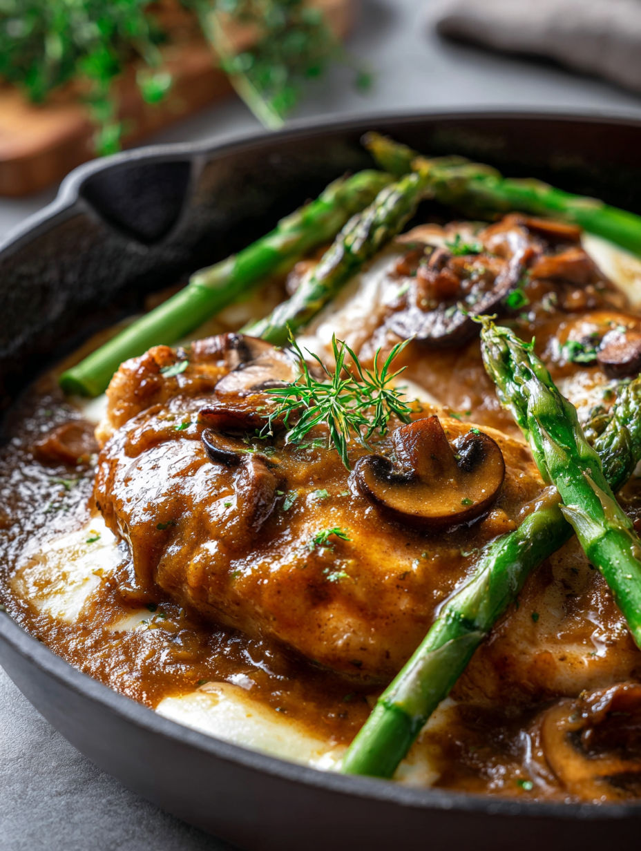 Un plat de poulet Madeira avec des champignons et des asperges.