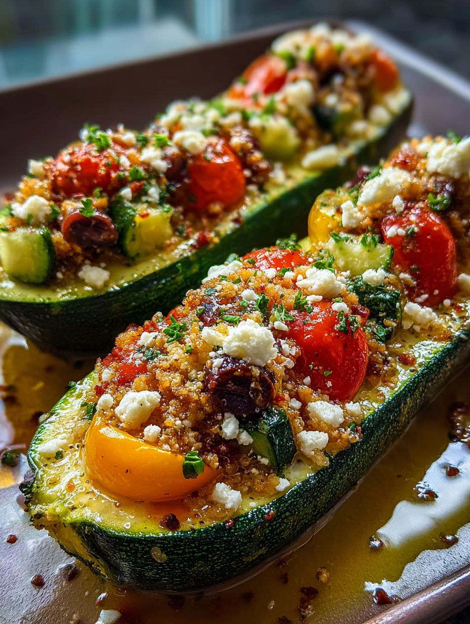 Deux courgettes farcies avec tomates et fromage.