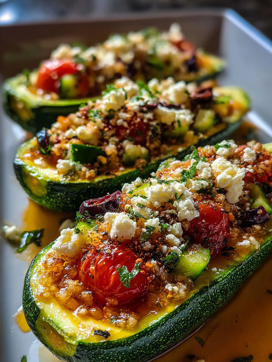 Une assiette de courgettes farcies avec tomates et feta.