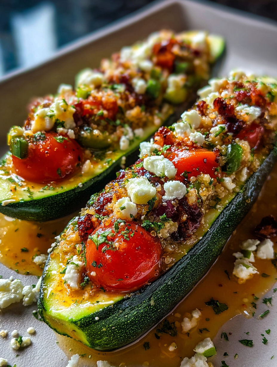Deux courgettes farcies avec tomates et fromage.